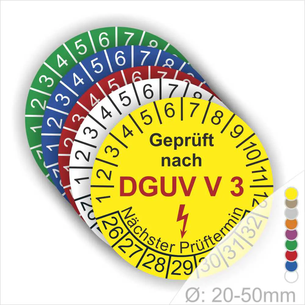 dguv-v3-pruefplaketten-rund-gelb-elektropruefung-2026-2032 DGUV V3 Prüfplaketten rund mit Monats- und Jahresanzeige – farbige Prüfetiketten für Elektrogeräte, geprüft nach DGUV Vorschrift 3