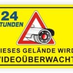 Sicherheitswarnschild für Videoüberwachung, 24 Stunden, mit Kamera-Symbol und Hinweis auf Überwachung des Geländes.