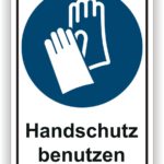 Sicherheitszeichen, das zur Verwendung von Handschutz auffordert, mit grafischer Darstellung von Schutzhandschuhen auf blauem Hintergrund.