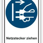 Sicherheitszeichen zum Trennen des Netzsteckers, zeigt eine Hand, die einen Stecker zieht.