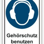 Symbol für Gehörschutz mit Hinweis "Gehörschutz benutzen" in deutscher Sprache.