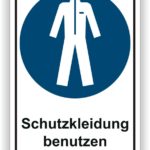 Hinweisschild zur Verwendung von Schutzkleidung mit einem symbolischen Anzug auf blauem Hintergrund.