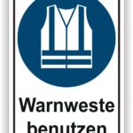 Sicherheitszeichen zur Verwendung von Warnwesten, das auf die Notwendigkeit hinweist, bei bestimmten Tätigkeiten eine Warnweste zu tragen.