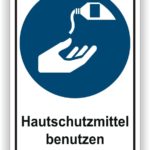 Symbol zur Verwendung von Hautschutzmitteln, zeigt eine Hand, die eine Flüssigkeit aufnimmt. Wichtiger Hinweis für den Schutz der Haut am Arbeitsplatz.