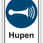 Symbol für Hupen mit einem Hupen-Signal in einem blauen Kreis und dem Wort "Hupen" darunter.