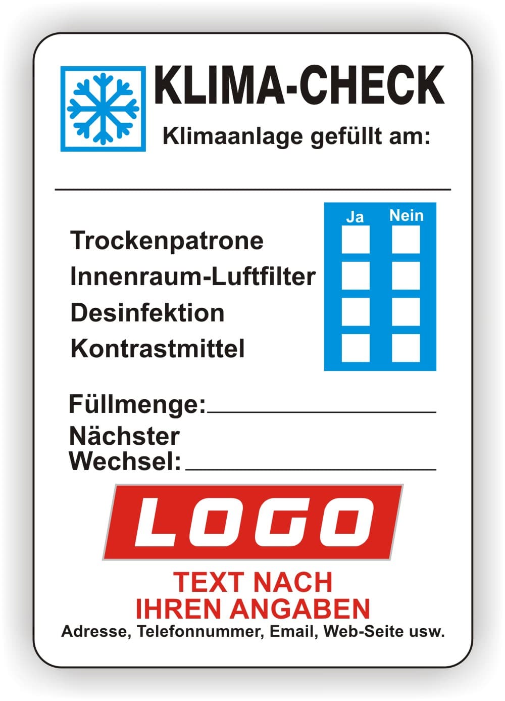 Service-Aufkleber - Klima-Check - mit Firmeneindruck - Hochformat -  50.50.003.0.00