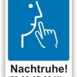 Symbol für Nachtruhe mit einem stilisierten Gesicht und einem Finger, der auf die Lippen zeigt. Der Text "Nachtruhe!" weist auf die Einhaltung der Ruhezeiten hin, um Lärmbelästigung zu vermeiden.
