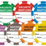 Bunte Wartungsmarken mit dem Text "Nächste Wartung", Platz für Name und Datum, in verschiedenen Farben für eine einfache Identifizierung und Organisation.