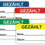 Bunte Zählkarten mit dem Aufdruck "GEZÄHLT", Platz für Name und Datum, ideal für Veranstaltungen oder Zählungen.