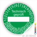 Technisch geprüft Prüfplakette grün mit Beschriftungsfeld, Monats- und Jahresring, runde Prüfplakette zur technischen Prüfkennzeichnung mit nächstem Prüftermin, Durchmesser 20–50 mm