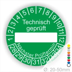 Technisch geprüft Prüfplakette grün mit Beschriftungsfeld, Monats- und Jahresring, runde Prüfplakette zur technischen Prüfkennzeichnung mit nächstem Prüftermin, Durchmesser 20–50 mm