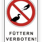 Schild mit dem Hinweis "Füttern verboten" und einer durchgestrichenen Ente, das auf das Verbot des Fütterns von Tieren in einem bestimmten Bereich hinweist.