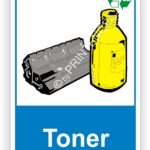 Tonerpatrone und gelbe Tonerflasche für Drucker, symbolisiert Recycling und umweltfreundliche Entsorgung.