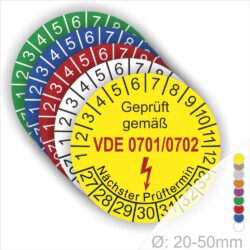 VDE 0701 0702 Prüfplaketten verschiedene Farben rund mit Monatsanzeige und Jahresring zur Kennzeichnung des nächsten Prüftermins elektrischer Betriebsmittel Ø 20–50 mm