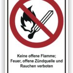 Sicherheitszeichen mit dem Hinweis auf das Verbot von offenen Flammen, Feuer, Zündquellen und Rauchen.
