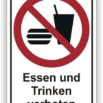 Schild mit dem Hinweis "Essen und Trinken verboten" sowie Symbolen für ein Getränk und einen Hamburger.