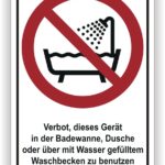 Sicherheitswarnung über die Nutzung eines Geräts in der Badewanne oder Dusche, mit einem durchgestrichenen Symbol, das eine Badewanne und einen Wasserstrahl zeigt.