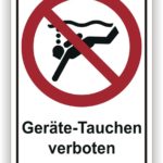 Symbol für das Verbot von Gerätetauchen, dargestellt durch ein durchgestrichenes Tauchgerät und den Text "Geräte-Tauchen verboten".