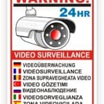 Sicherheitswarnschild mit Kamera-Symbol und Hinweis auf 24-Stunden-Videobeobachtung, mehrsprachig in Deutsch, Englisch, Französisch, Rumänisch, Türkisch, Russisch, Italienisch und Spanisch.