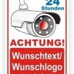 Sicherheitsschild mit Kamera-Illustration, das auf 24-Stunden-Überwachung hinweist und Platz für individuellen Wunschtext oder Wunschlogo bietet.