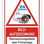 Sicherheitszeichen für Videoüberwachung mit Kamera-Symbol und Hinweis auf 24-Stunden-Bildaufzeichnung. Ideal für Unternehmen und öffentliche Orte zur Anzeige von Überwachung.
