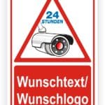 Sicherheitsschild mit Überwachungskamera, Hinweis auf 24-Stunden-Überwachung und Platz für individuellen Wunschtext oder Logo.
