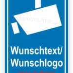 Blaue Sicherheitsbeschilderung mit der Aufschrift „Wunschtext/Wunschlogo ohne Aufpreis“, geeignet für individuelle Anpassungen.