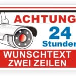 Achtungsschild mit Überwachungskamera, Hinweis auf 24 Stunden Überwachung und Platz für individuellen Text in zwei Zeilen.