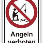Symbol für ein Angelverbot mit einer durchgestrichenen Angel und einem Angler an einem Gewässer.