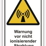 Warnschild für nicht ionisierende Strahlung mit einem gelben Dreieck und einem Symbol für Strahlung.