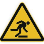 Warnschild für Rutschgefahr mit einer stilisierten Figur, die auf einer rutschigen Oberfläche ausrutscht.