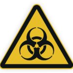 Warnschild für biologische Gefahren mit schwarzem Symbol auf gelbem Hintergrund.