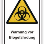 Warnschild mit dem Symbol für biologische Gefahren und dem Text "Warnung vor Biogefährdung" in gelber und schwarzer Farbe.