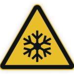 Warnschild für Glättegefahr, gelb mit schwarzem Schneeflocken-Symbol.
