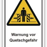 Sicherheitswarnung: Schild zur Warnung vor Quetschgefahr, zeigt eine Person zwischen zwei Barrieren in einem gelben Dreieck.