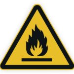 Warnschild für entzündliche Materialien mit einem flammenden Symbol auf gelbem Hintergrund.