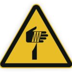 Warnschild für Handverletzungen mit Symbol einer Hand und Gefahr durch rotierende Teile.