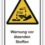 Sicherheitswarnungsschild für ätzende Stoffe mit Symbolen von Chemikalien und einer Hand.