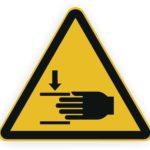 Warnschild mit einem Hand-Symbol und einem nach unten zeigenden Pfeil, das auf eine potenzielle Gefahr hinweist, die durch Berührung oder Bewegung entstehen kann.