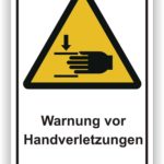 Achtungsschild mit der Aufschrift "Warnung vor Handverletzungen", das auf Gefahren hinweist, die durch bewegliche Teile entstehen können.