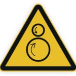 Warnschild für Drehbewegungen, gelbes Dreieck mit schwarzen Symbolen, das vor rotierenden Objekten oder Maschinen warnt.