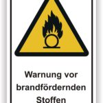 Warnschild für brandfördernde Stoffe mit gelbem Dreieck und Flammensymbol, das auf Gefahren hinweist.