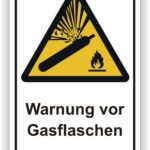 Warnschild mit einem gelben Dreieck, das vor Gasflaschen warnt, inklusive Symbol für Explosion und Feuer.