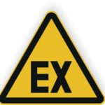 Warnschild für explosionsgefährdete Bereiche mit dem Symbol "EX" in gelber Farbe.