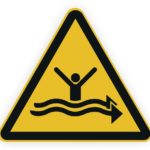 Warnschild für Ertrinkungsgefahr mit stilisierter Person, die im Wasser schwimmt.