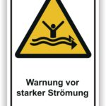 Warnschild für starke Strömung mit einer symbolischen Darstellung einer Person im Wasser. Sicherheitshinweis zur Vermeidung von Gefahren durch starke Strömungen in Gewässern.