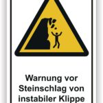 Warnschild über Steinschlaggefahr von instabiler Klippe mit symbolischem Hinweis auf Gefahr für Personen.