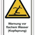 Warnschild für flaches Wasser, das vor den Gefahren eines Kopfsprungs warnt. Das Symbol zeigt eine Person, die ins Wasser springt, und betont die Notwendigkeit, vorsichtig zu sein.