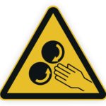 Warnschild für bewegliche Teile mit Hand und kreisenden Pfeilen, das auf potenzielle Gefahren hinweist.
