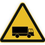 Achtungsschild für Lastwagen mit gelbem Hintergrund und schwarzem Lkw-Symbol.